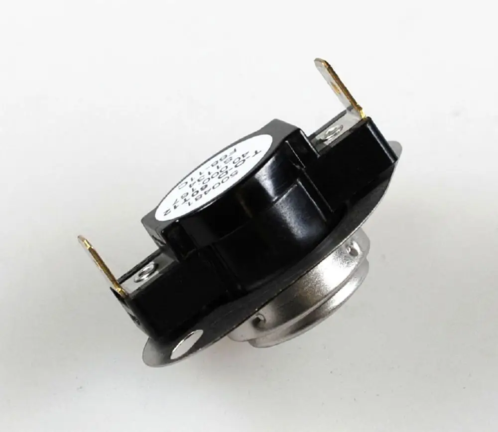Nachkühlthermostat von Remko, schwarz, mit zwei Anschlussklemmen und einem runden Aluminiumgehäuse. Gezeigt von der Seite auf einem weißen Hintergrund.
