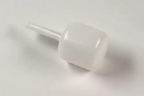 Schwimmer in transparenter Ausführung mit einem kurzen Rohranschluss. Produkt von Remko für Anwendungen in geschlossenen Behältern.