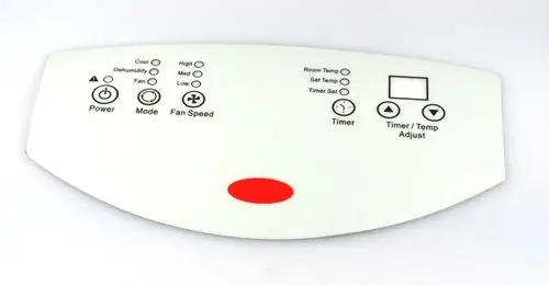 Bedienungstableau von Remko mit Schaltflächen für Power, Mode, Fan Speed sowie Temperatur- und Timer-Einstellungen auf weißem Hintergrund.