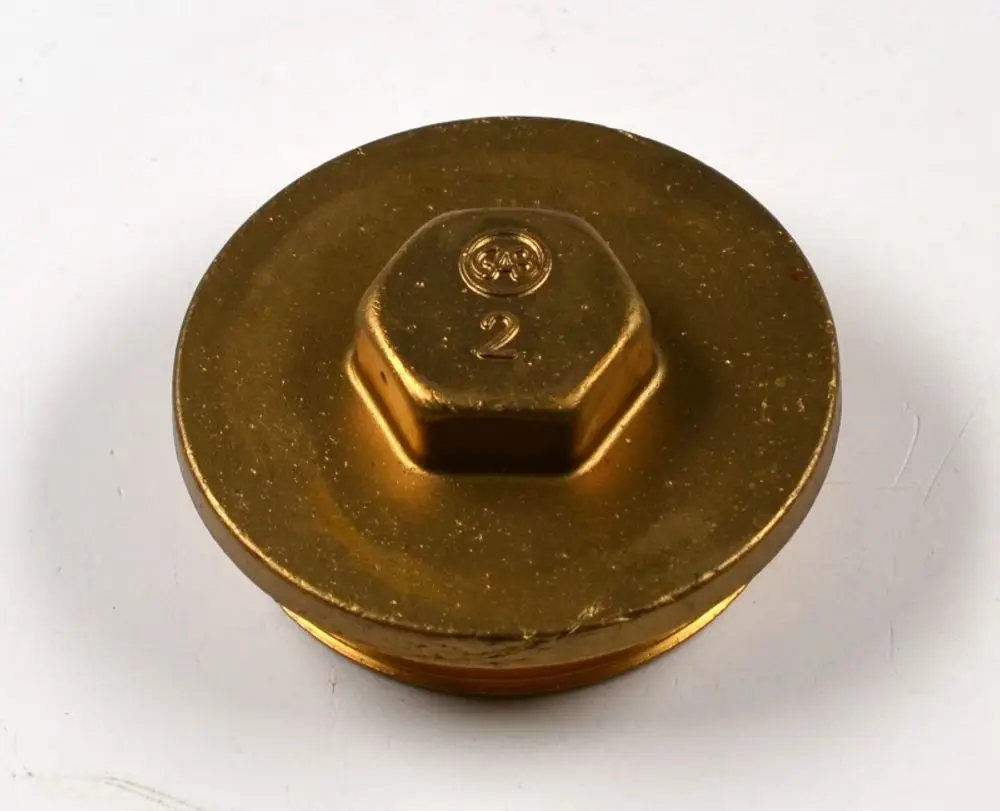 Messingstopfen mit sechskantiger Oberseite, gekennzeichnet mit der Zahl 2, in goldener Farbe. Produkt von Remko, geeignet für verschiedene Anwendungen.