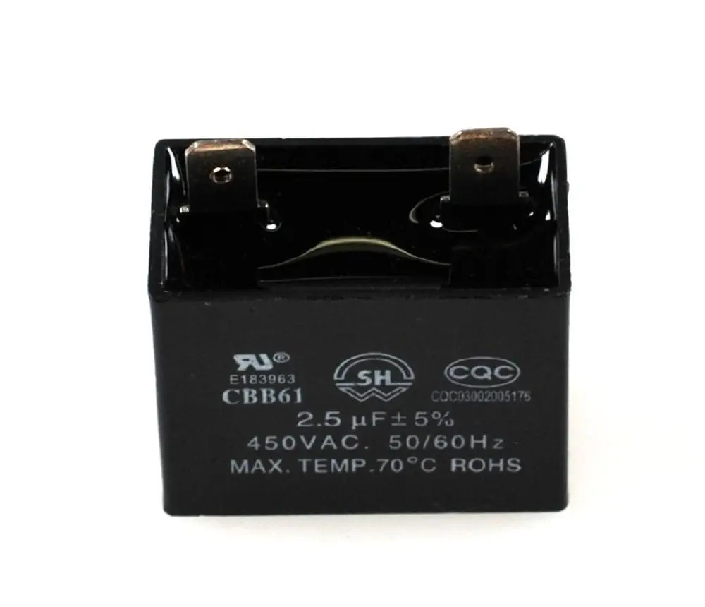 Schwarzer Kondensator mit Anschlussklemmen, gekennzeichnet mit 2.5 µF, 450VAC, 50/60Hz, Max. Temp. 70°C, Herstellerangabe "Remko".