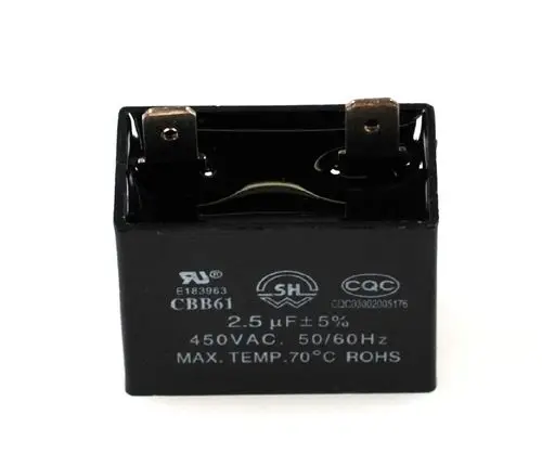 Schwarzer Kondensator mit Anschlussklemmen, gekennzeichnet mit 2.5 µF, 450VAC, 50/60Hz, Max. Temp. 70°C, Herstellerangabe "Remko".