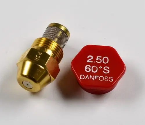 Öldüse mit einem Metallkörper und einem roten Deckel, beschriftet mit Danfoss. Teil eines Heizsystems von Remko.
