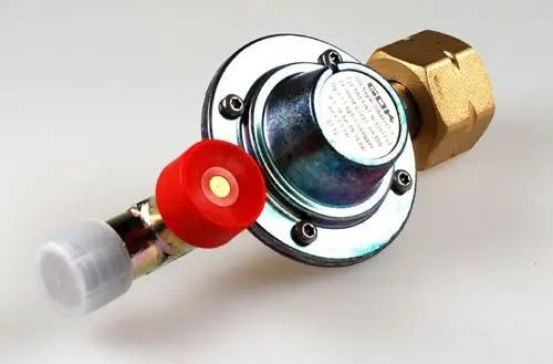 Druckregler von Remko mit metallischer Oberfläche und roten sowie transparenten Schutzkappen. Verbindungselement für Gasleitungen sichtbar.