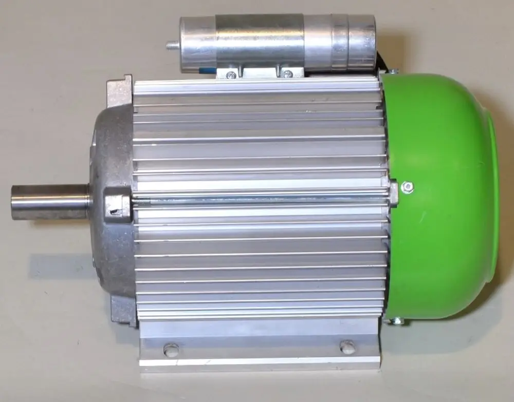 Elektromotor von Remko mit einer grünen Gehäusepartie und Aluminium-Lüfterkühler. Sichtbare Antriebswelle auf der Seite.