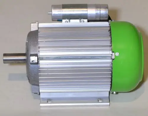 Elektromotor von Remko mit einer grünen Gehäusepartie und Aluminium-Lüfterkühler. Sichtbare Antriebswelle auf der Seite.