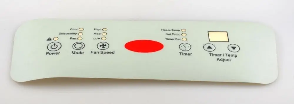 Steuerfeld von Remko mit Tasten für Power, Mode, Fan Speed, Timer und Temperaturanzeigen. Leicht verständliches Layout zur Regelung der Klimatisierung.