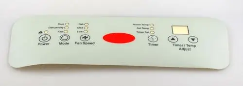 Steuerfeld von Remko mit Tasten für Power, Mode, Fan Speed, Timer und Temperaturanzeigen. Leicht verständliches Layout zur Regelung der Klimatisierung.