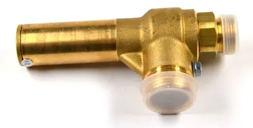 Sicherheitsventil aus Messing mit Schraubanschluss und transparentem Deckel, hergestellt von Remko. Das Ventil ist für den Einsatz im Kältekreis vorgesehen.