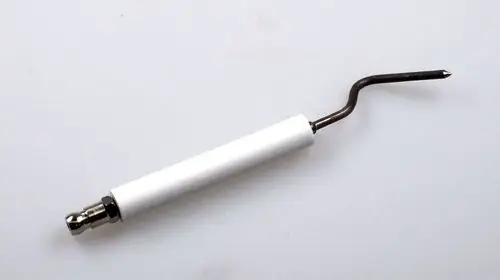 Zündelektrode mit einem weißen Griff und eine gebogene Metallspitze. Bestandteil eines Heizgeräts von Remko.
