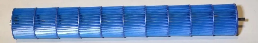 Blaues Ventilatorrad mit wellenförmiger Struktur, geeignet für den Einsatz in Remko-Produkten. Das Rad hat eine längliche Form und ist in separaten Segmenten gestaltet.