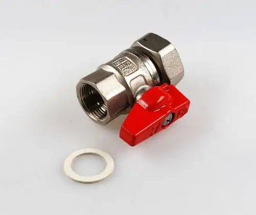 Kugelhahn aus Metall mit rotem Hebel und Außengewinde. Im Lieferumfang enthalten ist eine Dichtung. Produkt von Remko für hydraulische Anwendungen.