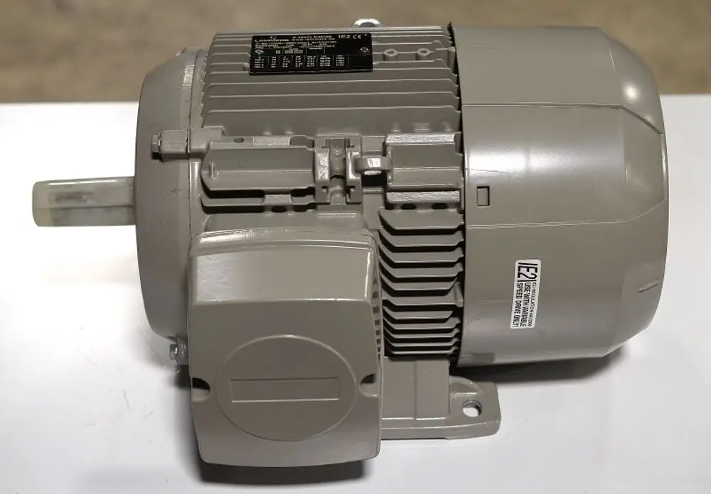 Elektromotor von Remko in grauer Gehäusefarbe, mit hervorstehendem Wellenende, geeignet für industrielle Anwendungen. Technische Informationen auf dem Typenschild erkennbar.