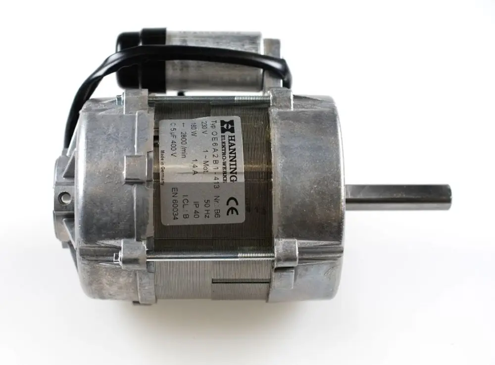 Elektromotor mit metallischem Gehäuse, sichtbar ist ein Typenschild mit technischen Angaben, unter anderem zur Marke Remko und Erwähnung von 230 V/50 Hz.