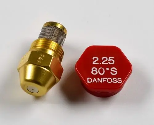 Goldene Öldüse mit Netzfilter und rotem Deckel mit Beschriftung zur Identifizierung, hergestellt von Remko. Beide Teile liegen auf einer weißen Oberfläche.