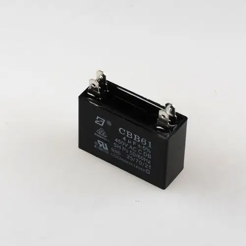 Schwarzer Kondensator mit zwei Anschlüssen, kennzeichnet mit CBB61, 450V AC und 4μF, geeignet für Ventilatoren, möglicherweise von der Marke Remko.