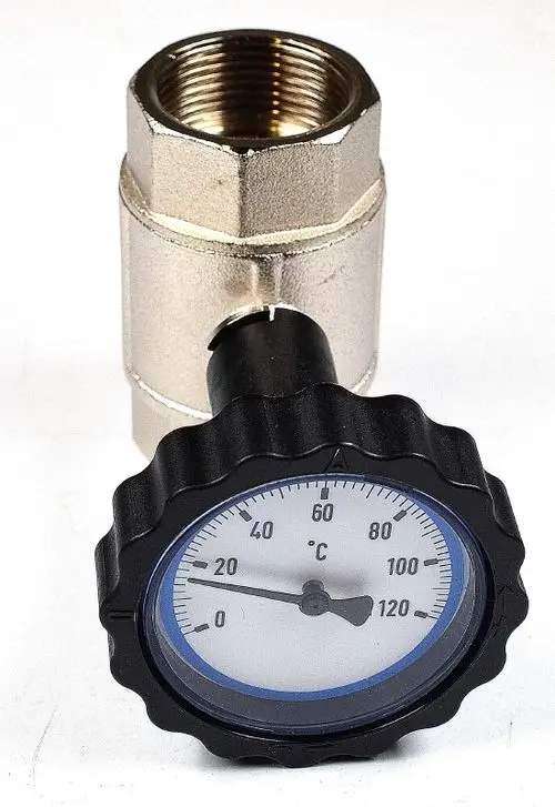 Thermometer mit Anschluss für Kugelhahn, versehen mit einer Skala von 0 bis 120 °C. Hersteller des Produkts ist Remko.