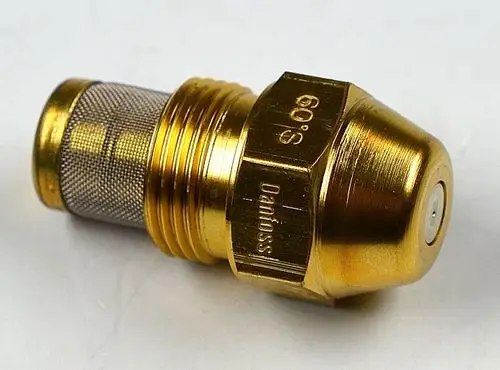 Öldüse von Danfoss, geformt und mit einem feinen Sieb ausgestattet. Eignet sich für verschiedene Heizsysteme. Produziert von Remko, präsentiert in goldener Farbe.
