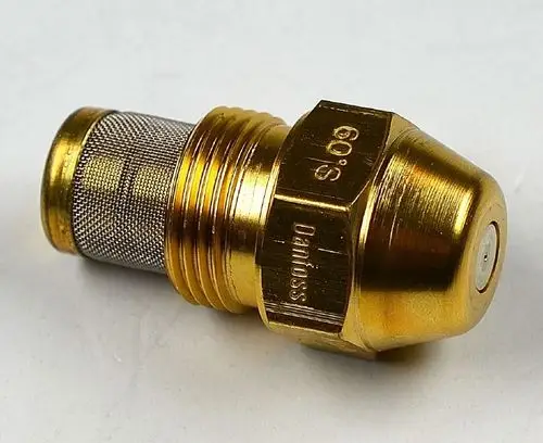 Goldfarbener Öldüsenaufsatz mit einem Netzfilter und einem runden Ausgang. Produkthersteller: Remko.
