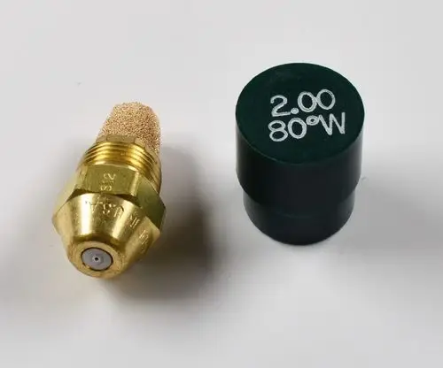 Goldfarbene Öldüse mit feiner, poröser Spitze und schwarzem Deckel, der mit „2.00 80°W“ gekennzeichnet ist. Hersteller: Remko.