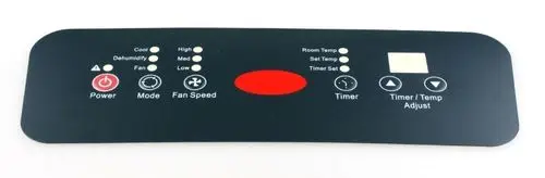 Bedientableau mit Symbolen für Power, Modus, Ventilatorgeschwindigkeit, Raum- und Solltemperatur sowie Timer-Funktionen, verwendet in Remko-Geräten.
