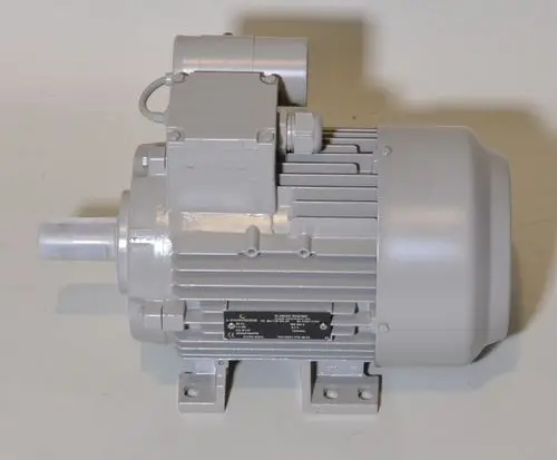 Elektromotor in grauer Farbe, montierbar mit Halterung. Das Typenschild an der Seite ist sichtbar. Produkt der Marke Remko.