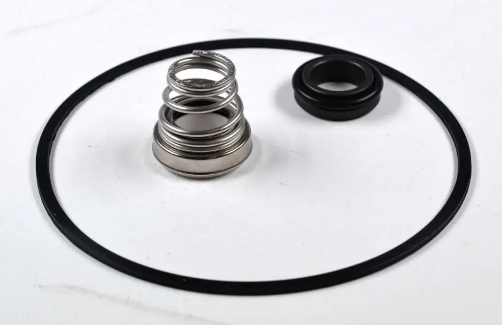 Remko Gleitringdichtung aus Metall und Kunststoff, bestehend aus einer Feder, einer Dichtfläche und einem O-Ring, auf weißem Untergrund angeordnet.