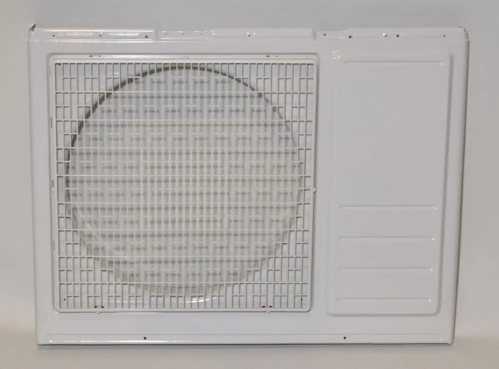 Vorderwand in Weiß mit runder Öffnung und Gitterstruktur, geeignet für das Remko-System. Links befinden sich drei eingeprägte Linien.