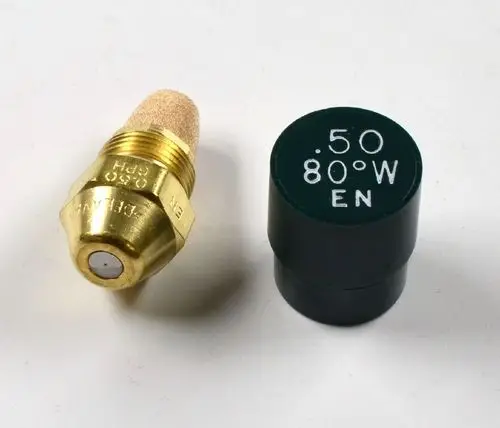 Öldüse mit brassfarbenem Gewinde und grauem Kopf. Die Düse ist für Heizungsanwendungen geeignet und könnte von Remko genutzt werden.
