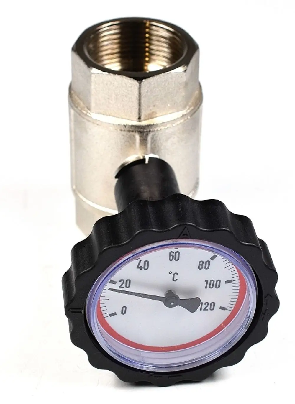 Temperaturfühler von Remko mit Manometer, geeignet zur Messung von Temperaturen bis 120 °C, in metallischer Ausführung mit Kunststoffgriff.