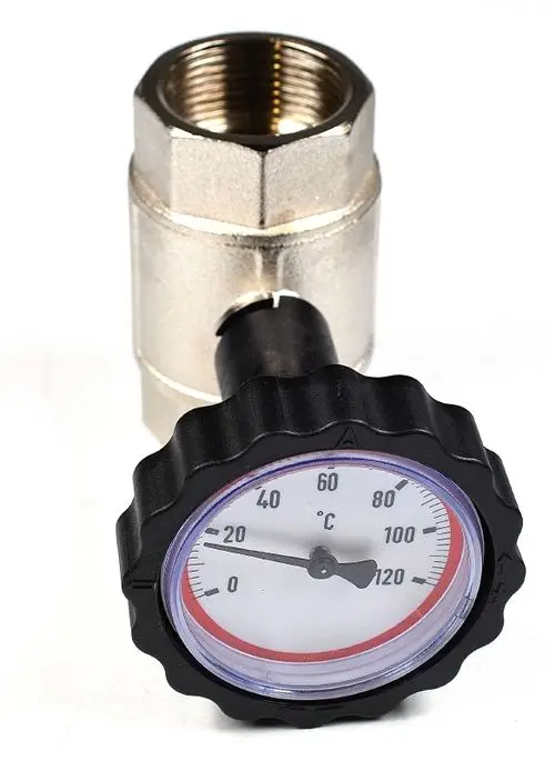 Temperaturfühler von Remko mit Manometer, geeignet zur Messung von Temperaturen bis 120 °C, in metallischer Ausführung mit Kunststoffgriff.