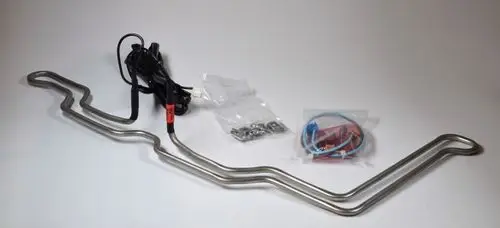 Heizschlange aus Edelstahl mit elektrischen Anschlusskabeln, Zubehör in zwei Beuteln, zur Verwendung in Heizsystemen, Produkt Marke Remko.