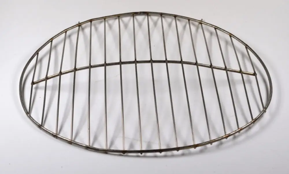 Metallgitter in ovaler Form mit vertikalen Streben, möglicherweise als Ausblasschutzgitter von Remko verwendet. Es ist einfach und funktional gestaltet.