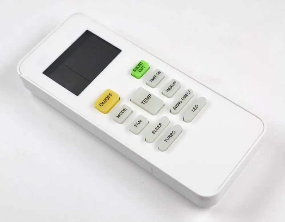 Weißer Fernbedienung von Remko mit Tasten für Ein/Aus, Temperatur, Modus und verschiedene Funktionen zur Steuerung eines Geräts. Display oben ohne Anzeige.