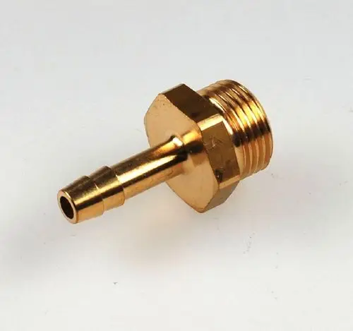 Goldene Schlauchtülle mit einem konischen Ansatz und Gewinde. Artikel von Remko, geeignet für Verbindungen in hydraulischen Systemen.