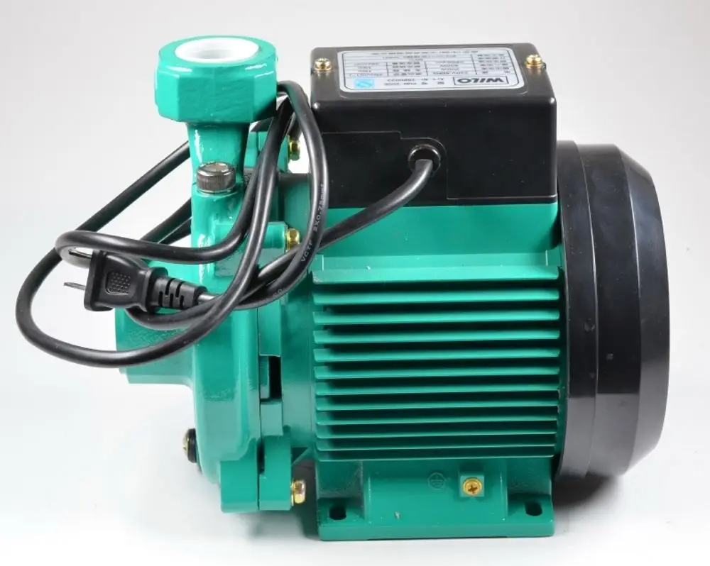 Wasserpumpe in grün-schwarzer Farbgebung, Modell von Remko. Sichtbare elektrische Anschlüsse und Kühlrippen auf der Gehäuseoberfläche.