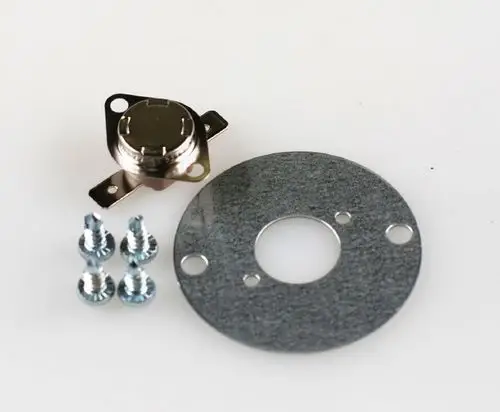 Remko Ventilatorthermostat mit einer runden Metallplatte, einem thermischen Schalter und vier Schrauben, die zur Montage des Geräts verwendet werden.