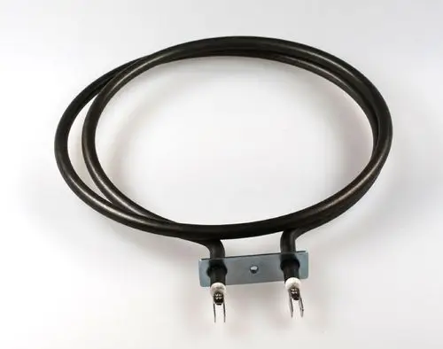 Heizelement von Remko mit zwei Anschlussdrähten und einer Metallplatte zur Befestigung. Eignet sich für Heizsysteme.