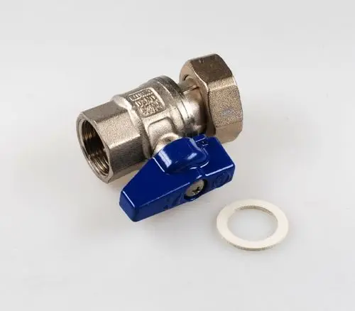 Kugelhahn aus Metall mit blauem Hebel, geeignet für Kaltwasseranwendungen. Abgebildet mit einer Dichtung. Produkt von Remko.