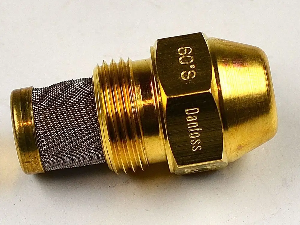 Goldene Öldüse mit einem Sieb, gefertigt von Danfoss, für den Einsatz in Heizungsanlagen. Hersteller ist Remko.