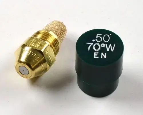 Öldüse mit metallischem Kopf und filterähnlichem Gelenk. Neben der Düse befindet sich eine grüne Kappe. Ein Produkt von Remko.