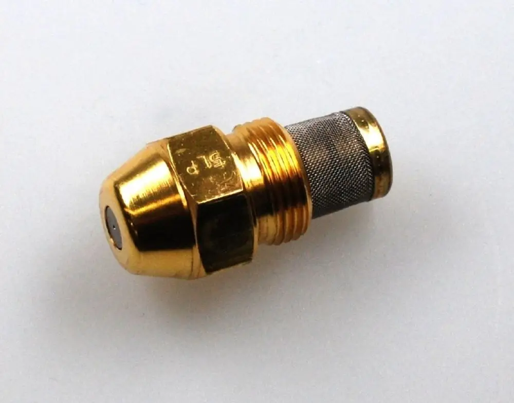 Öldüse mit metallischer Oberfläche, vermutlich von Remko, zeigt eine konische Form mit dem Filterbereich und einem Anschluss für die Installation in Heizsystemen.