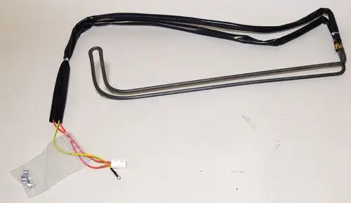 Heizungselement mit gebogenen Metallrohren und Kabelanschlüssen, geeignet für die Verwendung in Kondensatwannen, hergestellt von Remko.