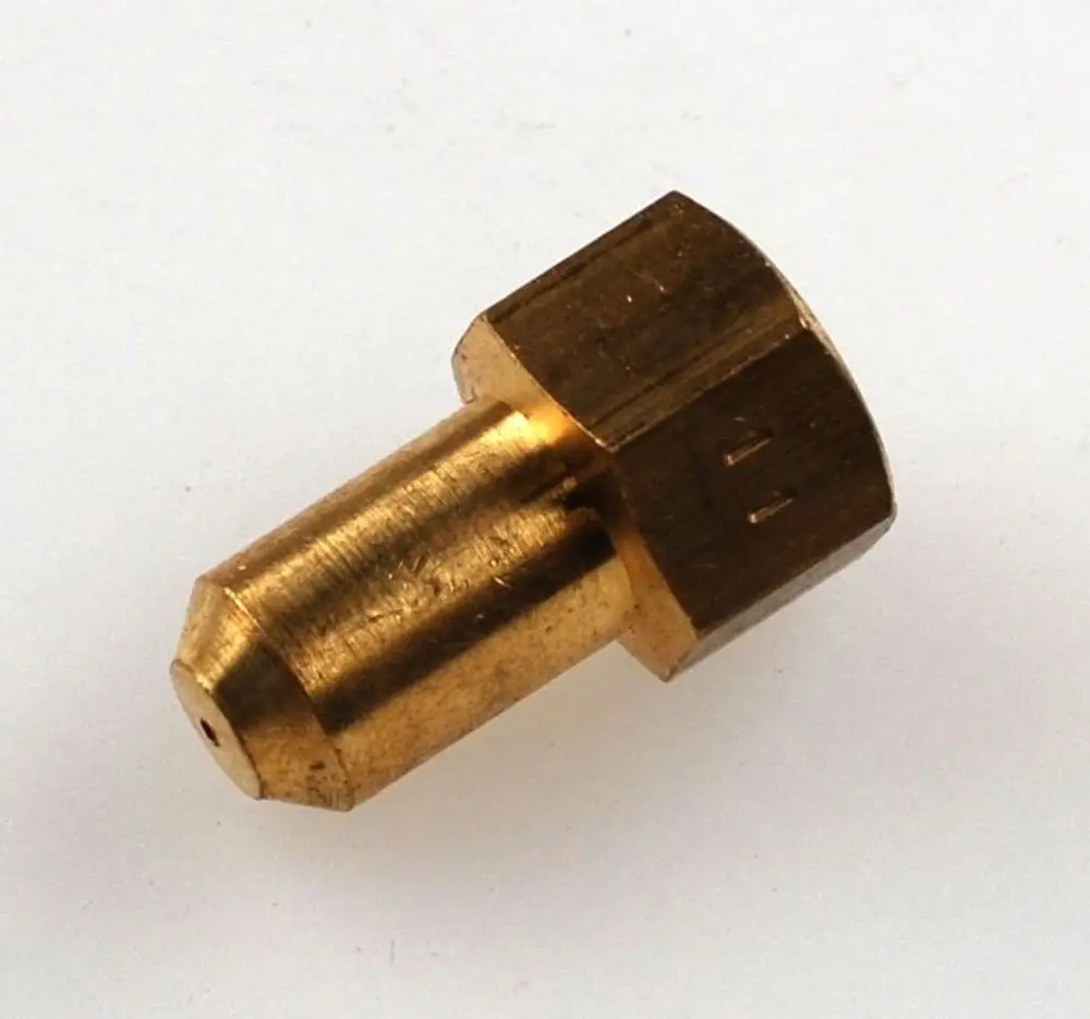 Brass nozzle with a hexagonal base and a tapered end, commonly used in gas applications. Product by Remko, designed for efficient gas flow.