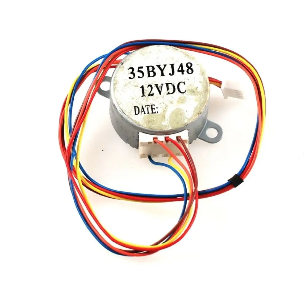 Schrittmotor mit mehreren farbigen Drähten, gekennzeichnet mit "12V DC" und "35BYJ48", geeignet für Anwendungen von Remko.