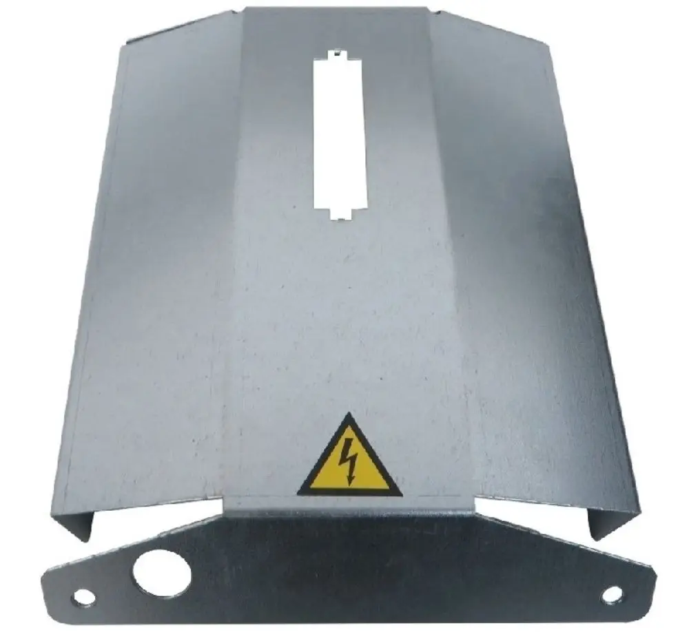 Metallische Abdeckung mit Aussparung und Warnsymbol für elektrische Sicherheit, geeignet für Remko Elektronikgeräte.