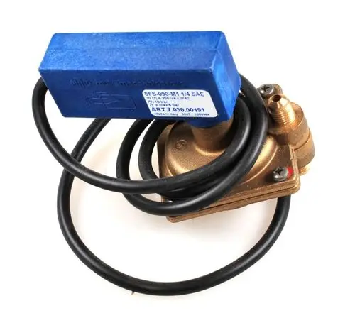 Brass differential pressure switch with an electric actuator and connection wires, typically used in heating and cooling systems by Remko.