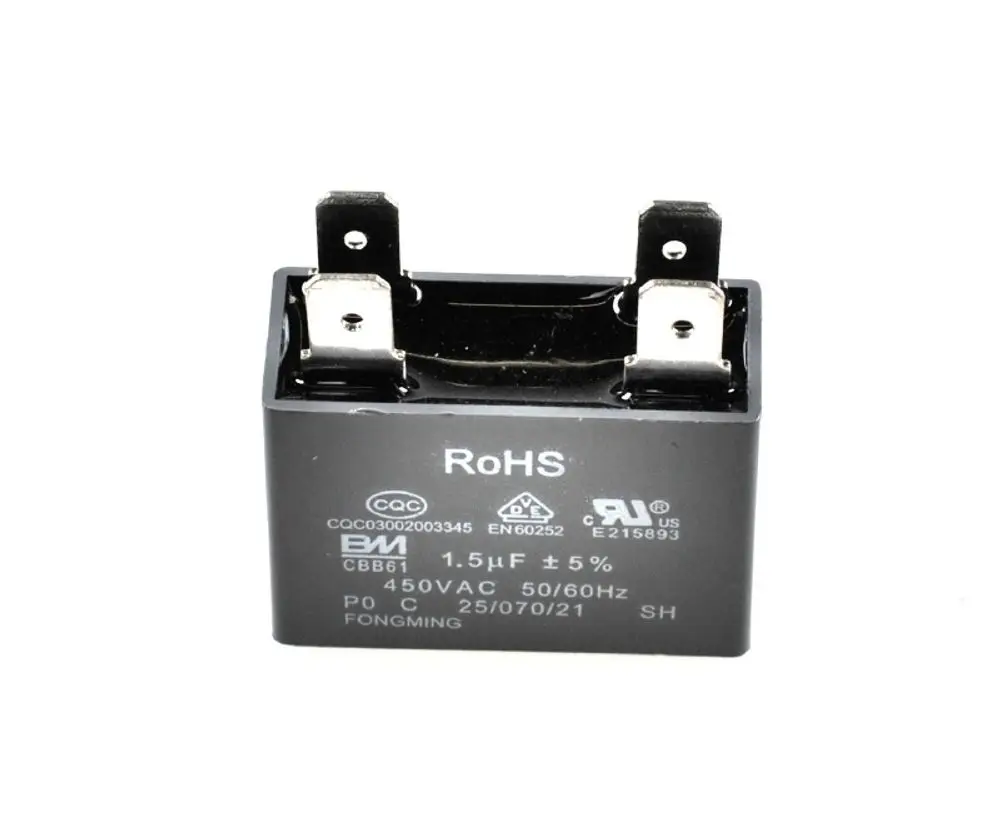 Kondensator von Remko mit einer Kapazität von 1,5 µF, geeignet für Anwendungen bis 450 VAC. Befestigungspunkte oben, schwarz lackierte Oberfläche.