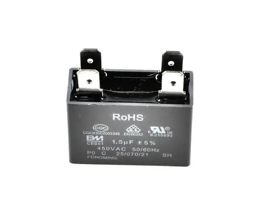 Kondensator von Remko mit einer Kapazität von 1,5 µF, geeignet für Anwendungen bis 450 VAC. Befestigungspunkte oben, schwarz lackierte Oberfläche.