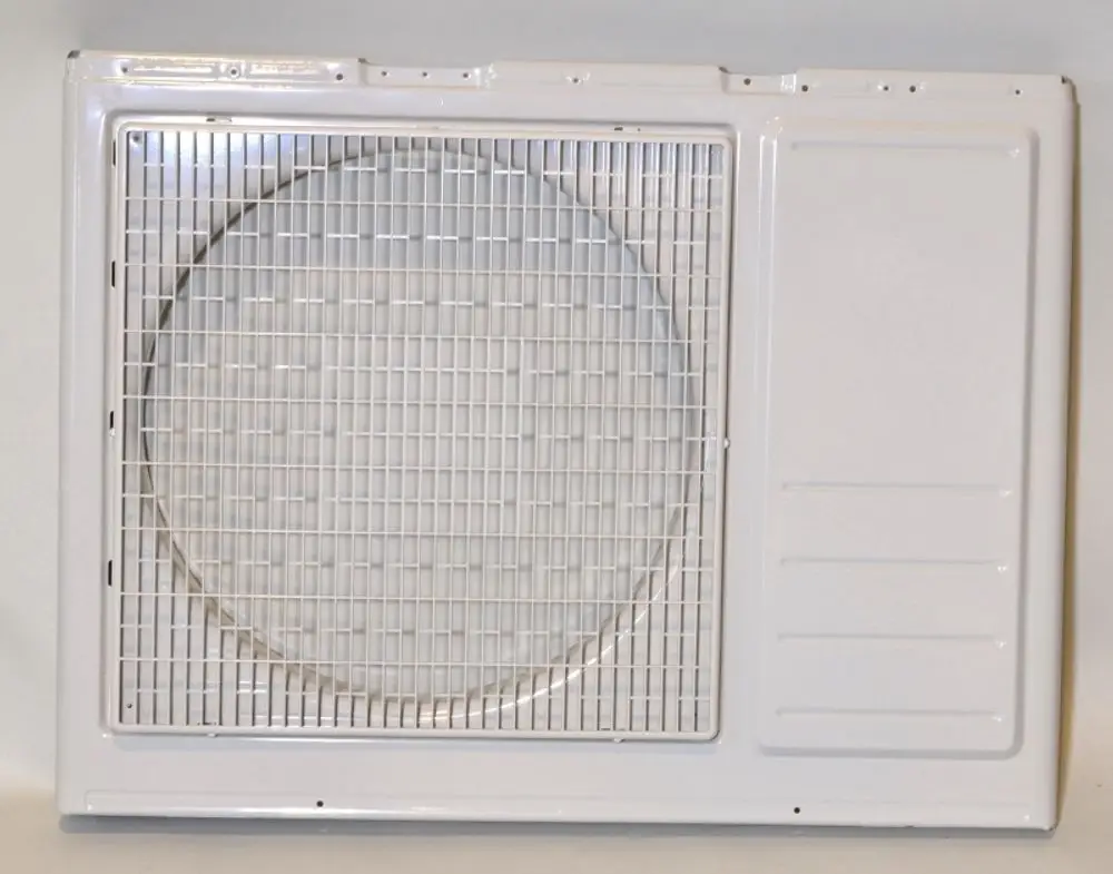 Weißes Gitterelement mit quadratischem Rahmen, verwendet in Klimaanlagen oder Ventilatoren, hergestellt von Remko.